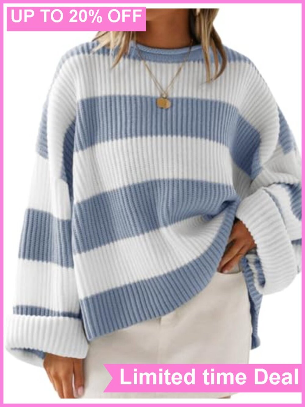 Oversized Striped Knit Sweater Pullover Crew Neck Long Sleeve